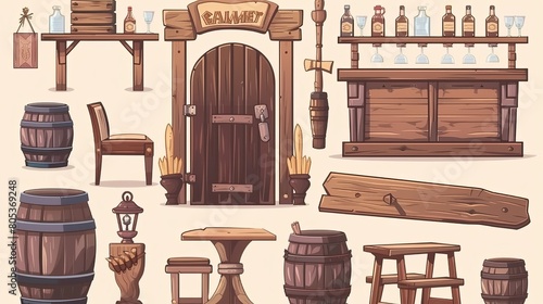 Retro western bar set with wooden swing door, table, chair, and counter desk, wine barrels, shelves of glass bottles, lanterns, and welcome signboard. Modern cartoon clip art.