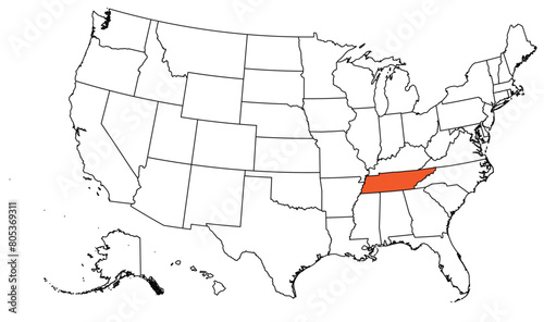 The outline of the US map with state borders. The US state of Tennessee