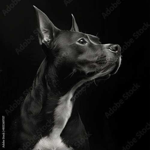 Black and white illustration with an animal - dog, Bull Terrier. 8K resolution.