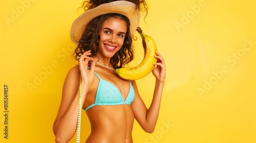 woman measuring a banana with a meter stick in a sexy way on yellow background
