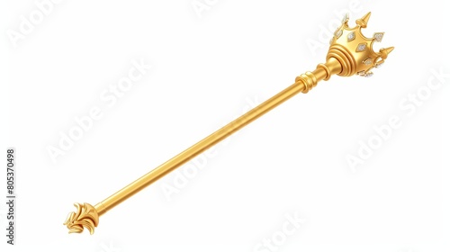 A golden sceptre symbolizes kings or queens. The royal wand represents monarchs. Isolated on white background, a golden coronation rod or mace represents imperial power.