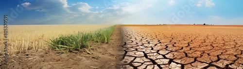 A composite image showing how agricultural lands disintegrate into barren fields under the relentless sun of a global warming heatwave