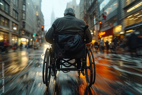 A capturing view of the back of a man in a wheelchair, amidst the blurred motion of a busy city street