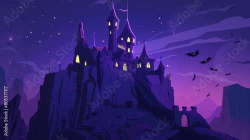 Fantasy Dracula home with pointed tower roofs, glowing windows, and bats flying in dark sky. Dreadful castle on rock at night, haunted gothic palace in mountains, cartoon modern illustration.
