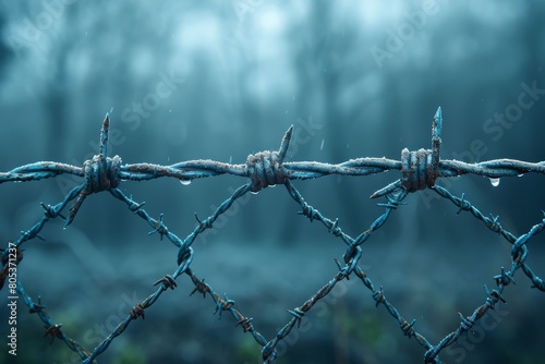 A detailed image capturing the peaceful morning's dew resting on the weathered barbed wire