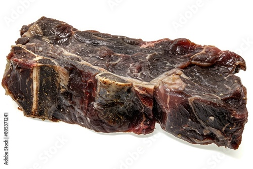 Isolated on a translucent white background is a top view of a spoiled raw steak. Generative Ai