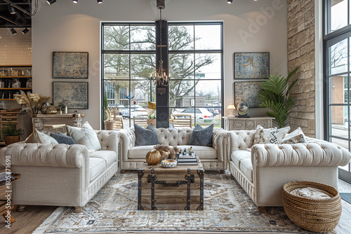 An upscale boutique showroom featuring a designer sofa chair, upholstered in haute couture fabric and displayed amidst chic designer furnishings.