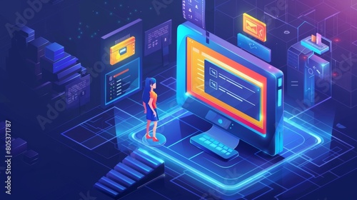In this isometric landing page, a tiny woman pushes a sign up button and enters her password. She is then prompted to login to her internet account, and she is featured in a 3d modern web banner with