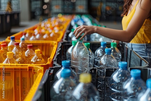 A young woman in yellow sleeves putting a plastic bottle in a recycling bin among many other colorful plastic containers