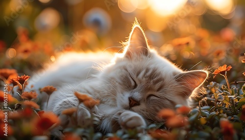 Fluffy white cat dozing in a sunlit garden, soft focus, morning light
