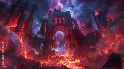 A fantasy landscape with lava and a magic portal