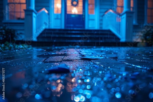 A picturesque view of a rain-soaked street with the focus on the watery surface reflecting colorful lights