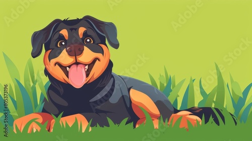 A funny puppy rottweiler on the green grass is a pet friendly banner with a cute dog on it. This is a modern landing page for an opening in a hotel, restaurant or store that allows domestic animals.