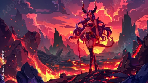 This banner features a beautiful woman with horns and fire, and a fantasy cartoon illustration of hell landscape with hot lava and rocks and a demon girl.