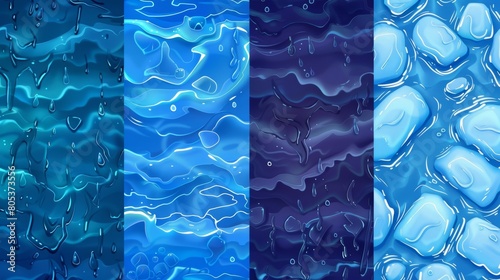 Slush, snow, and water textures for a game background. Cartoon seamless patterns of sea, ocean, or lake surfaces, melted snow, and dirty liquid ice.