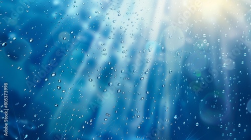 The condensation of water on a blue background, with light reflections on the window surface, abstract wet texture, blobs of pure aqua, backdrop, realistic 3D modern illustration