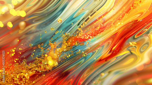 fondo de lineas de pintura en movimiento colores cálidos y destellos brillantes dorados agua espesa con gotas de agua dorada 