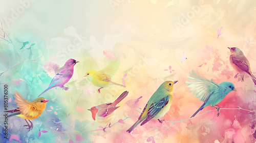 fondo de pajaros en ramas plantilla para diseño con espacio para copia el fondo es en tonos pastel y estilo de acuarela plantilla para diseño y decoración fondo artístico