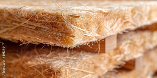 Insulation of a roof structure with wood wool. Close-up of a layer of mineral wool for insulation and soundproofing of walls and roof.