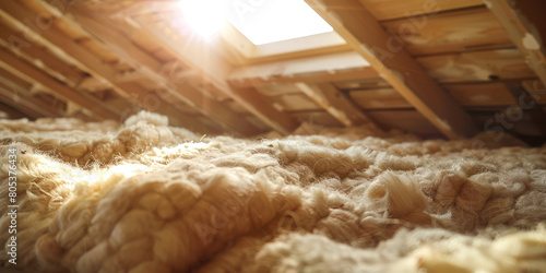 Insulation of a roof structure with wood wool. Close-up of a layer of mineral wool for insulation and soundproofing of walls and roof.