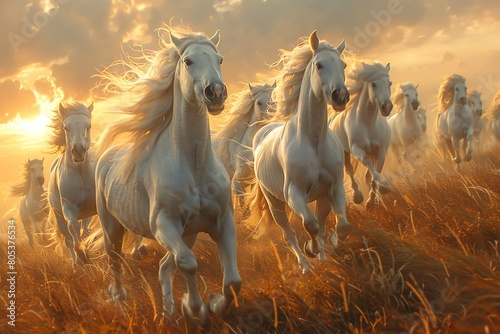Herd of unicorns galloping across a golden prairie, sunset hues