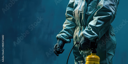 Pest controller man in a jumpsuit uniform at work. A man treats with an insect pesticide sprayer. Agrochemical Service.