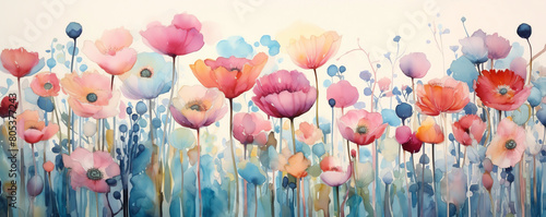 A whimsical watercolor artwork depicting a garden filled with oversized, surreal flowers