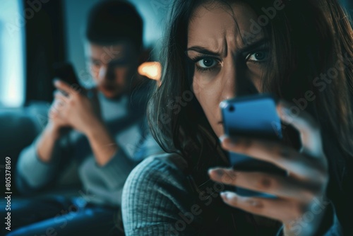 Jealous woman spying boyfriend and watching his mobile phone. Couple cheating jealousy concept, Generative AI