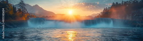 Hydropower dam at sunrise, water cascading down with mountains in the background