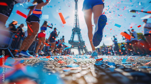 Female Runner Competing Near Eiffel Tower with Cheering Crowd