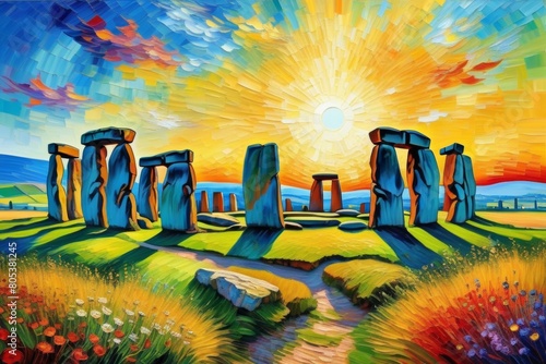 Stonehenge. Post-impressionist landscape oil painting style. AI generated images.