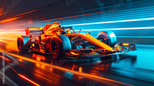 Formula One Orange Car Racing at High Speed with Vibrant Neon Light Streaks