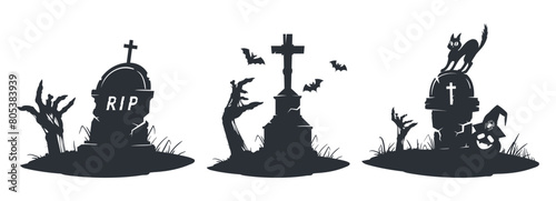 Halloween graves. Spooky grave stones with zombie hands and bats, Halloween monster zombie scrawny hand sticking out from gravestone silhouette flat vector illustration set. Creepy Halloween posters