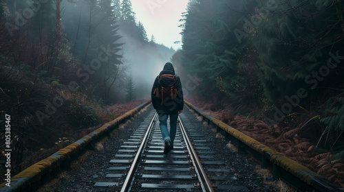 A man is walking on a train track in the woods. The image has a moody and mysterious feel to it, as the man is alone and the setting is dark and foggy. The train tracks are surrounded by trees