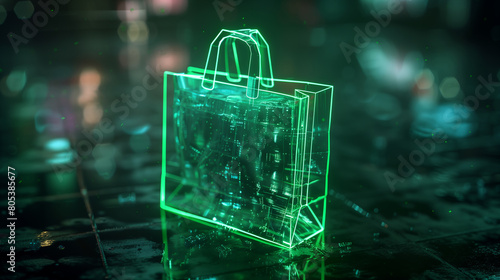 Futuristic Retail Concept: Neon Green Holographic Shopping Bag on a Dark Abstract Background