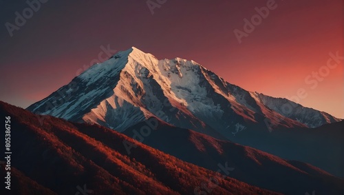 Mountain Majesty, Lone Summit on Red Gradient Sky with Subtle Texture.