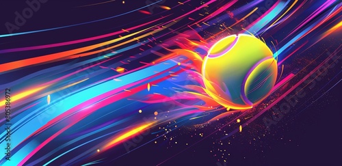Vibrant tennis ball in motion, surrounded by colorful energy and abstract shapes on a dark background with neon lights.