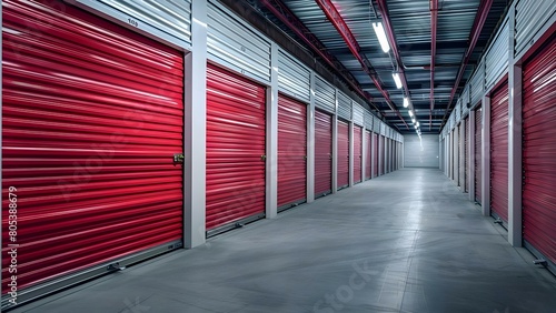 Modern storage facility with a line of red doors clean and organized. Concept Storage Facility, Red Doors, Clean, Organized, Modern