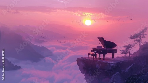 Calming and rhythms vibes a grand piano on top of the cliff and sunset in the mountains in pale purple pink foggy sky background..