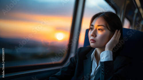 depressed,exhausted,sad,Japanese businessman in stressful he use one hand Hold his temples and looking out the window while traveling on the train