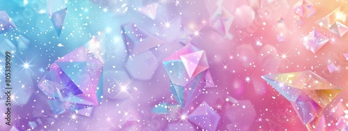 iridescent background with geometric shapes and sparkles, pastel colors, cute aesthetic, dreamy and ethereal in the style of various artists.