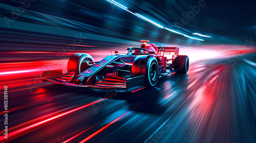 Futuristic Red Formula One Car Speeding with Vibrant Red Light Trails