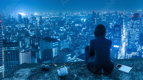 Depressed young Japanese businesswoman in a rumpled suit sits alone on the edge of a high cliff overlooking the sprawling Tokyo cityscape at night