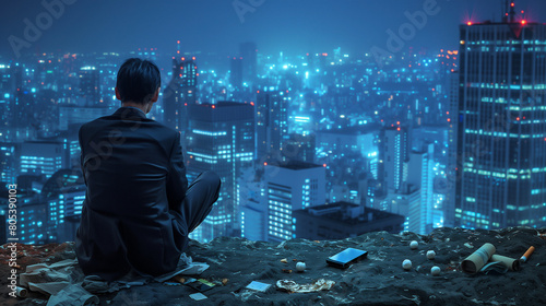 Depressed young Japanese businesswoman in a rumpled suit sits alone on the edge of a high cliff overlooking the sprawling Tokyo cityscape at night