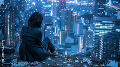 Depressed young Japanese businesswoman in a rumpled suit sits alone on the edge of a high cliff overlooking the sprawling Tokyo cityscape at night
