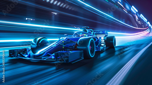 Sleek Formula One Car in Motion with Electric Blue Light Streaks