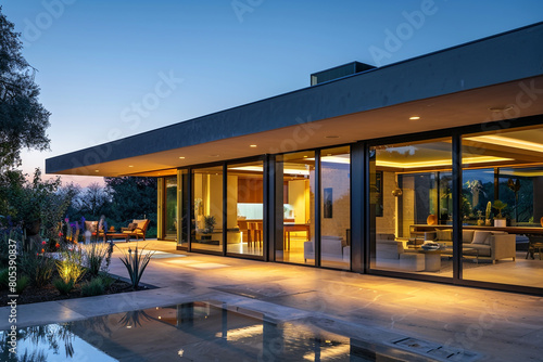 An evening shot of a modern house with a flat roof and large glass doors that open to a patio. The house's lighting creates a warm and inviting space, 