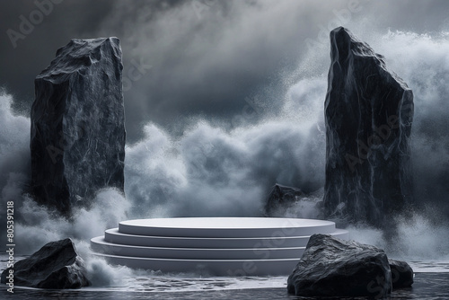 minimal abstract shapes background with podium, North sea crazy storm with high ocean waves stronghold black castle rock 
