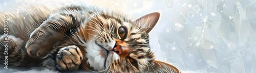 Adorably Chubby Tabby Cat Resting in Cozy Digital Painting with Copy Space for Text or Design