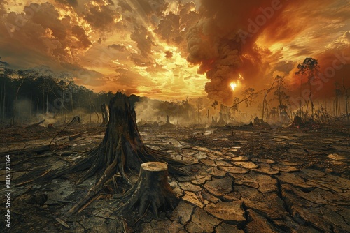 Apocalyptic vision of forest fires raging under stormy skies, destruction and environmental disaster theme, Concept of climate change, deforestation, and earth's fragility